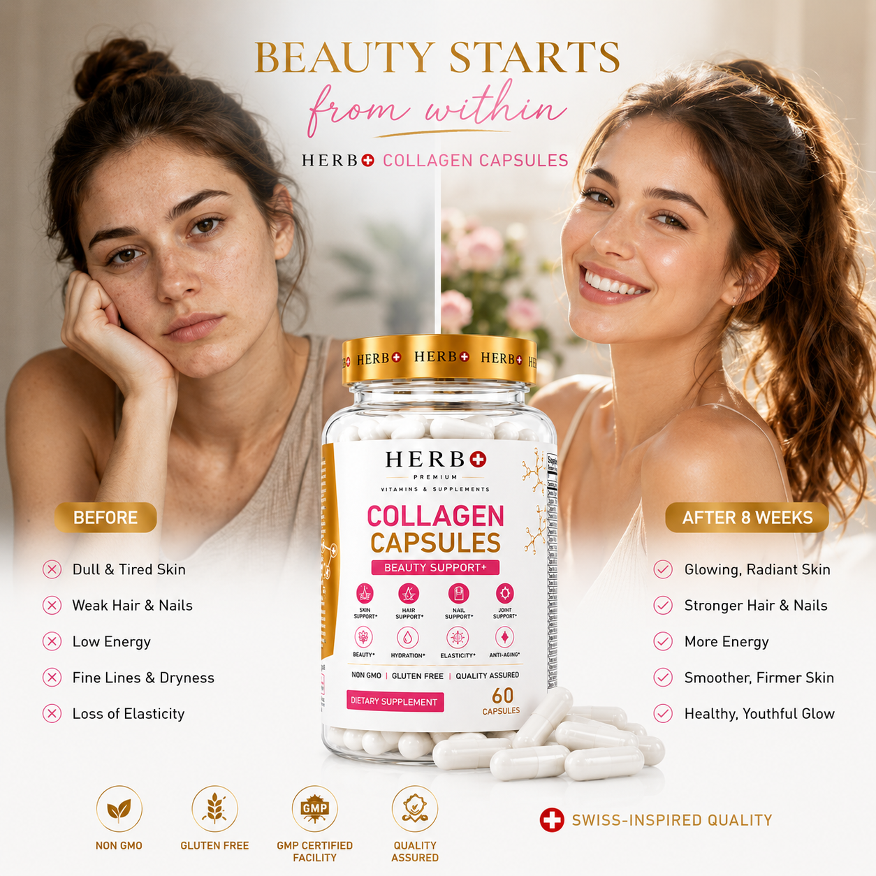 Advertisement for Herb Collagen Capsules showing a before-and-after comparison of a woman's skin.