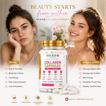 Advertisement for Herb Collagen Capsules showing a before-and-after comparison of a woman's skin.