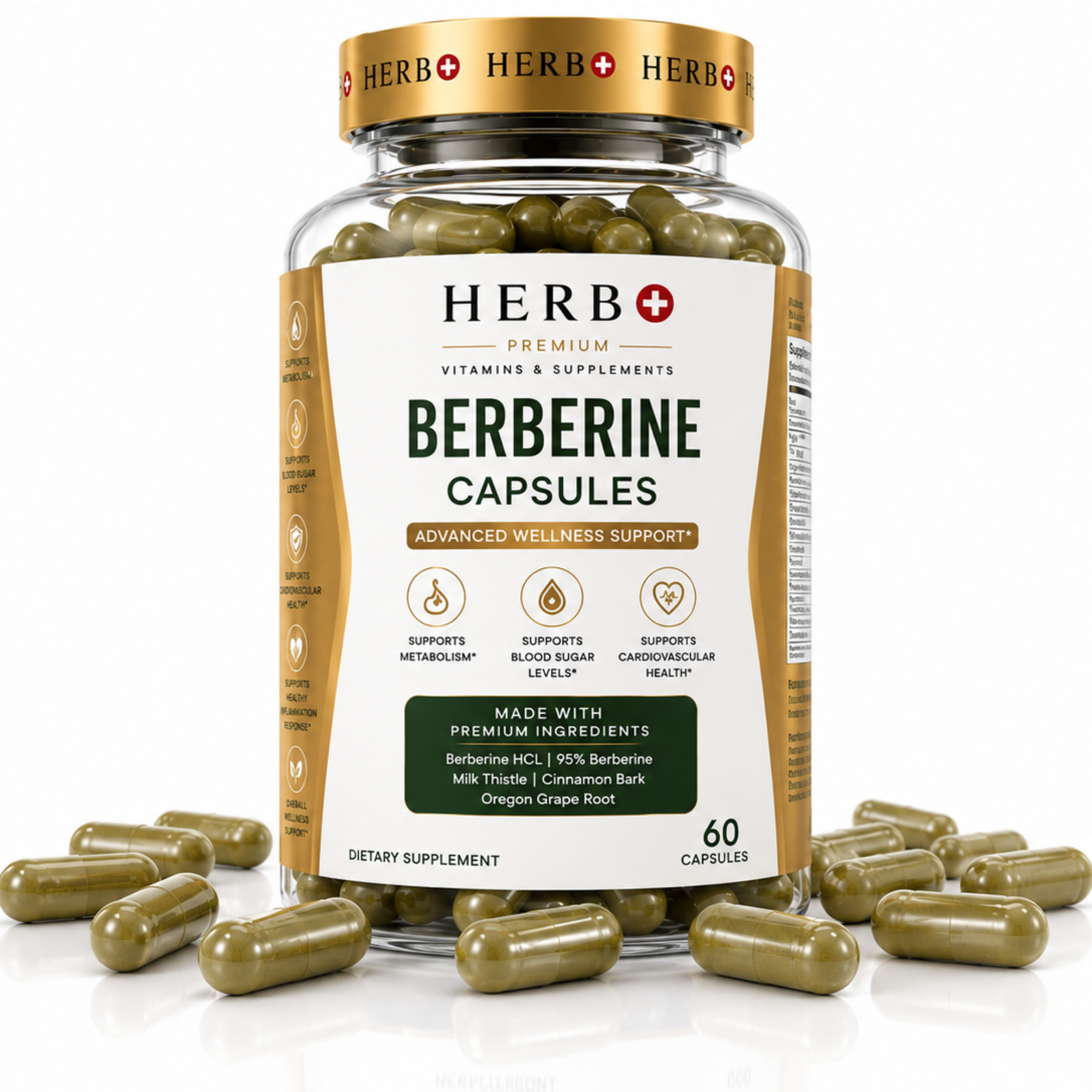  Herb+ Berberine Capsules with capsules on a white background