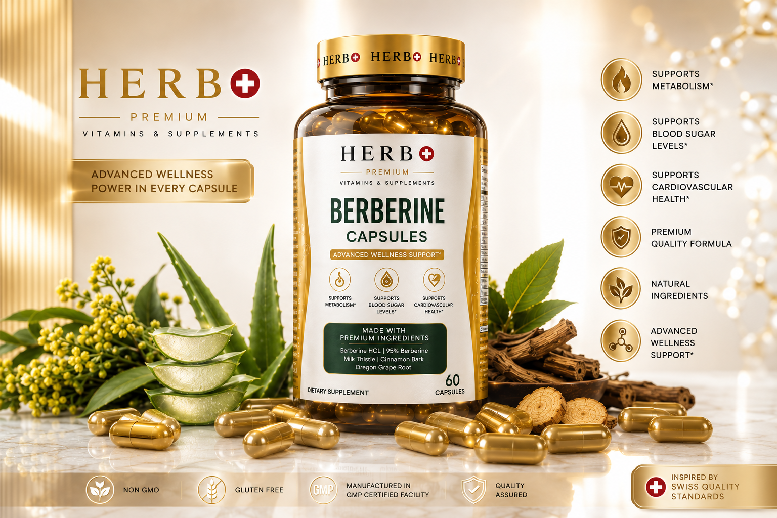 Herb+ Berberine Capsules supplement bottle with packaging details on a decorative background