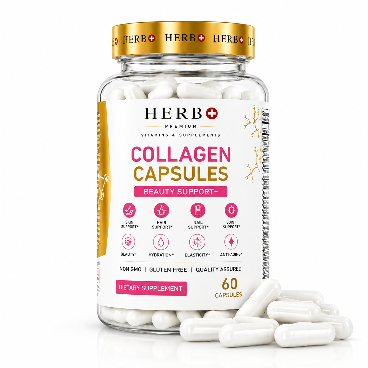 Herb+ Collagen Capsules bottle with white capsules on a white background