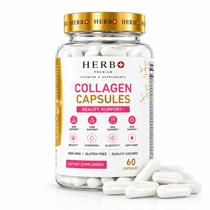 Herb+ Collagen Capsules bottle with white capsules on a white background