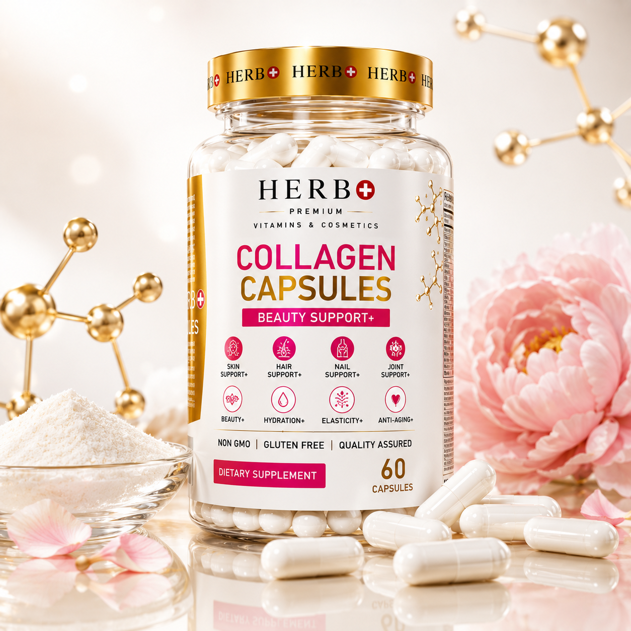 Herb+ Collagen Capsules bottle with pink flower and white powder in the background