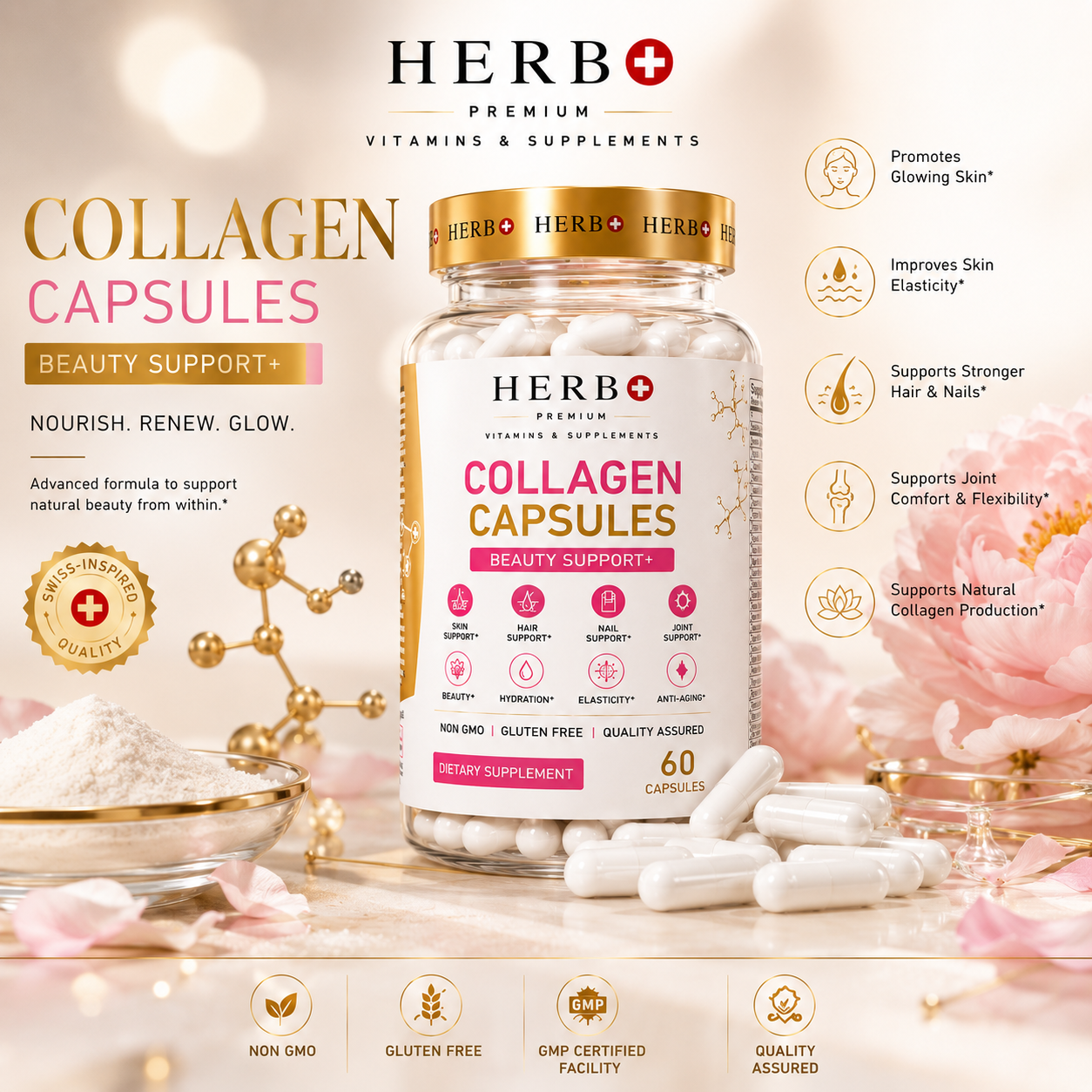 HERB Collagen Capsules supplement bottle with decorative elements on a light background