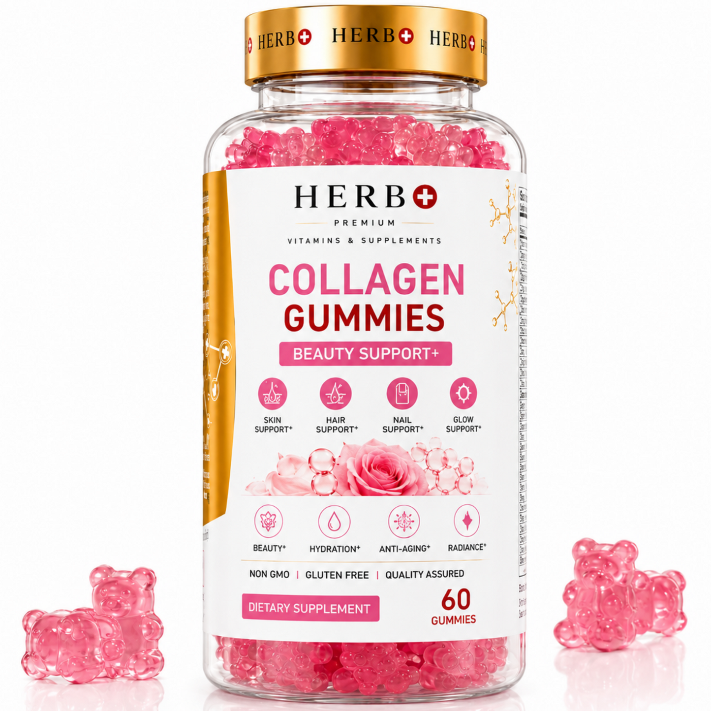 Jar of Herb+ Collagen Gummies with pink gummy bears on a white background