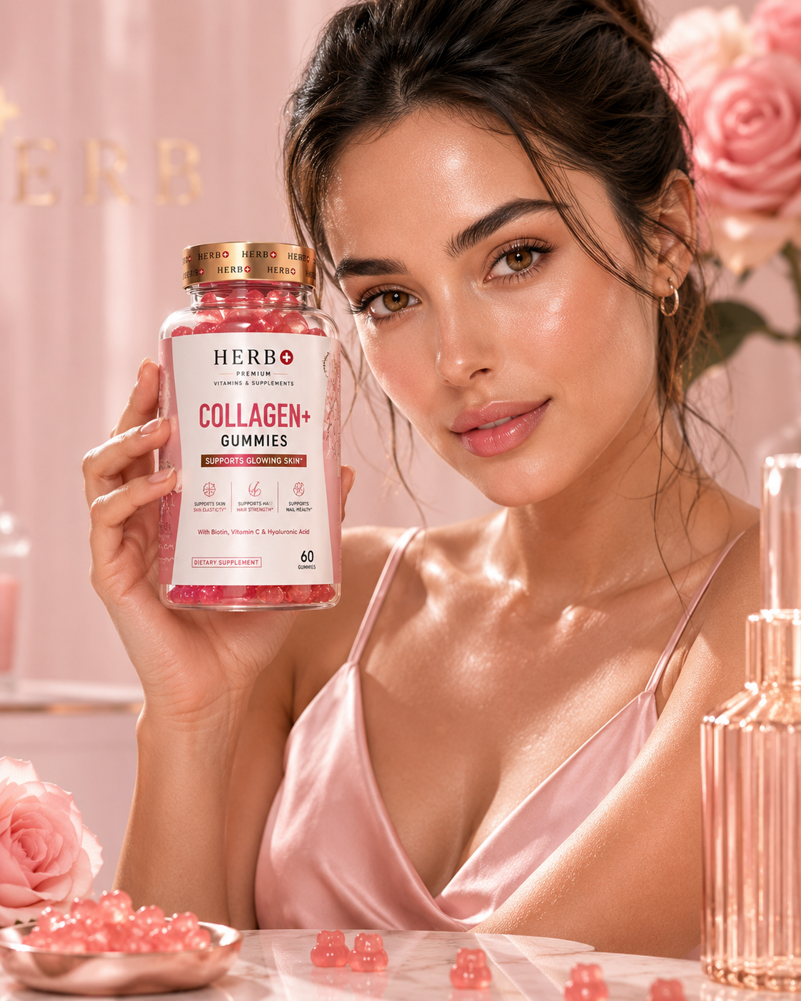 Herb+ Woman holding a bottle of Herb+ Collagen+ Gummies with a pink background