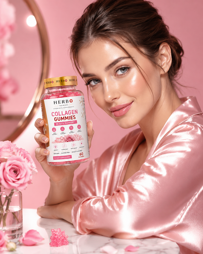 Woman holding a bottle of Herb+ Collagen Gummies against a pink background