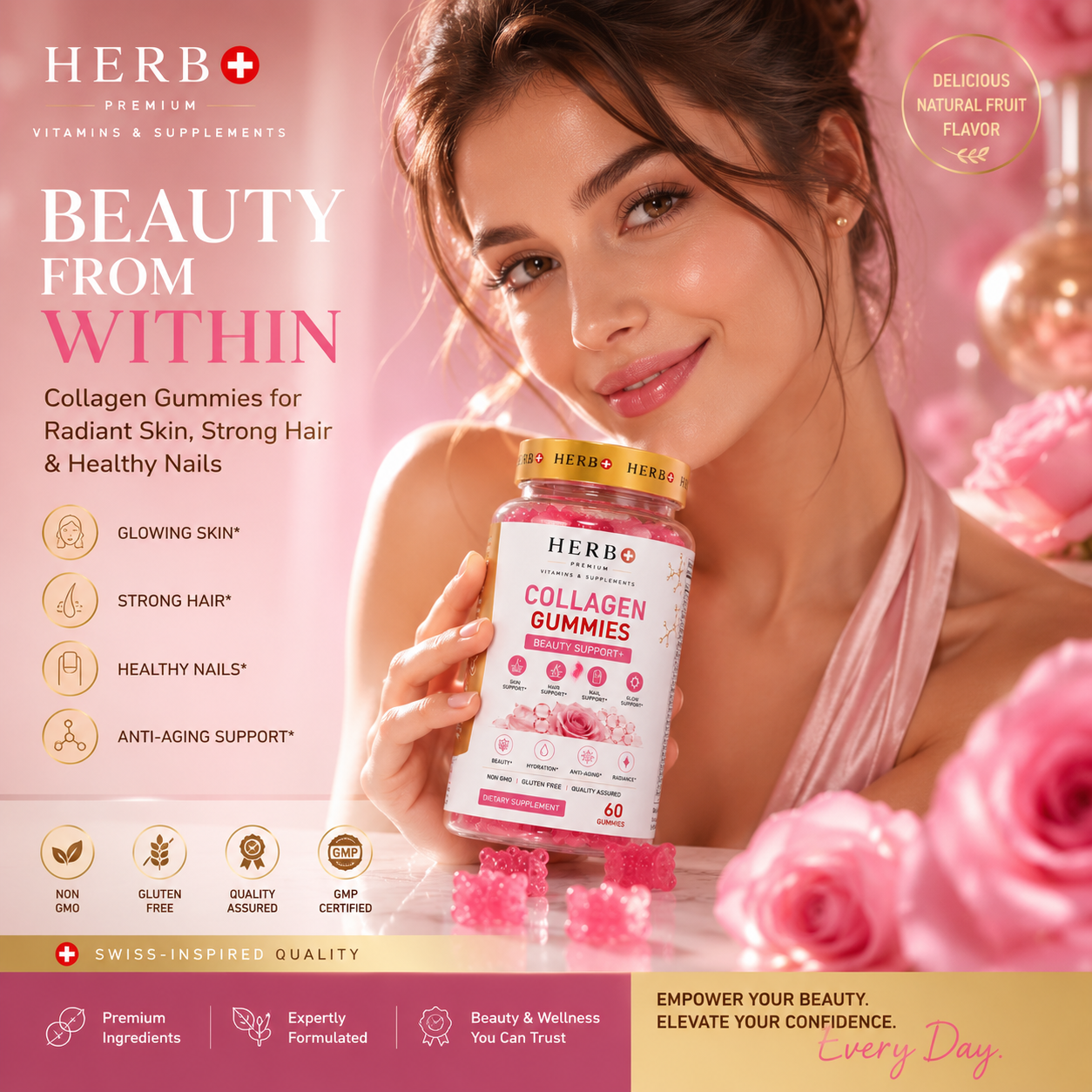Woman holding a bottle of Herb+ Collagen Gummies with pink floral background
