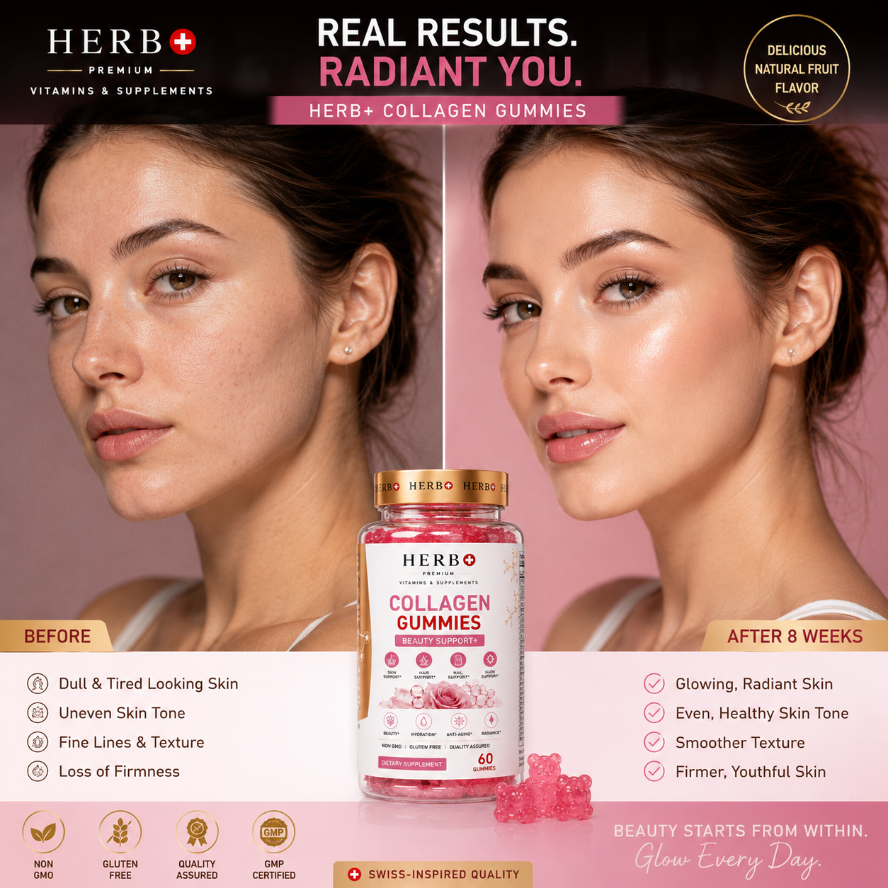 Advertisement for HERB+ Collagen Gummies showing a woman's face before and after using the product.