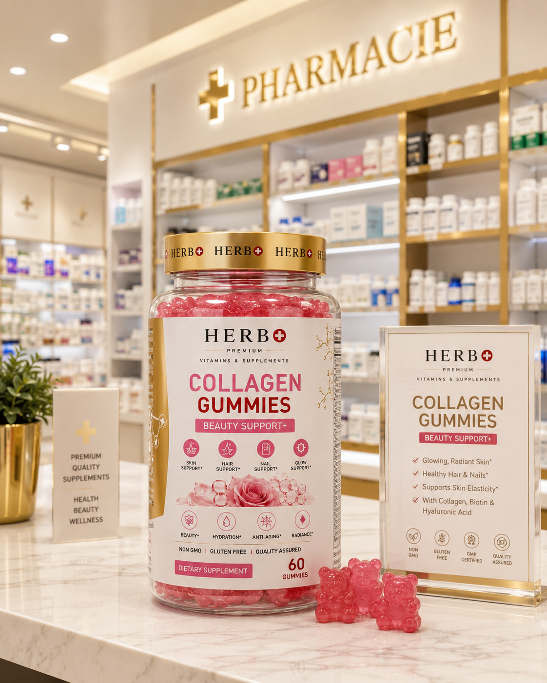 Herb+ Collagen Gummies packaging on a pharmacy counter with shelves in the background.