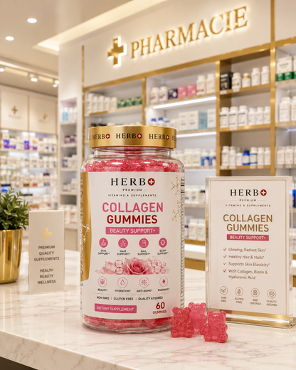 Herb+ Collagen Gummies packaging on a pharmacy counter with shelves in the background.