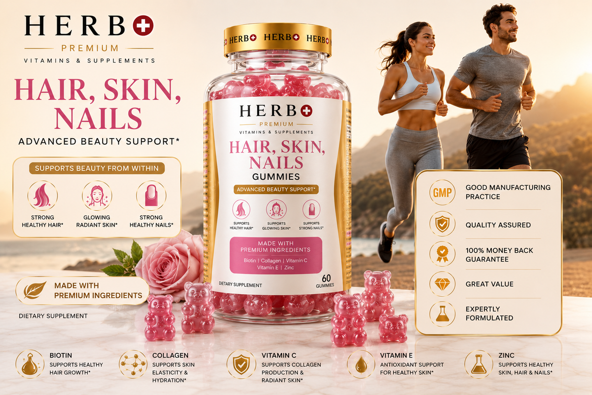 HERB+ Hair, Skin, Nails gummies packaging with a couple running outdoors.
