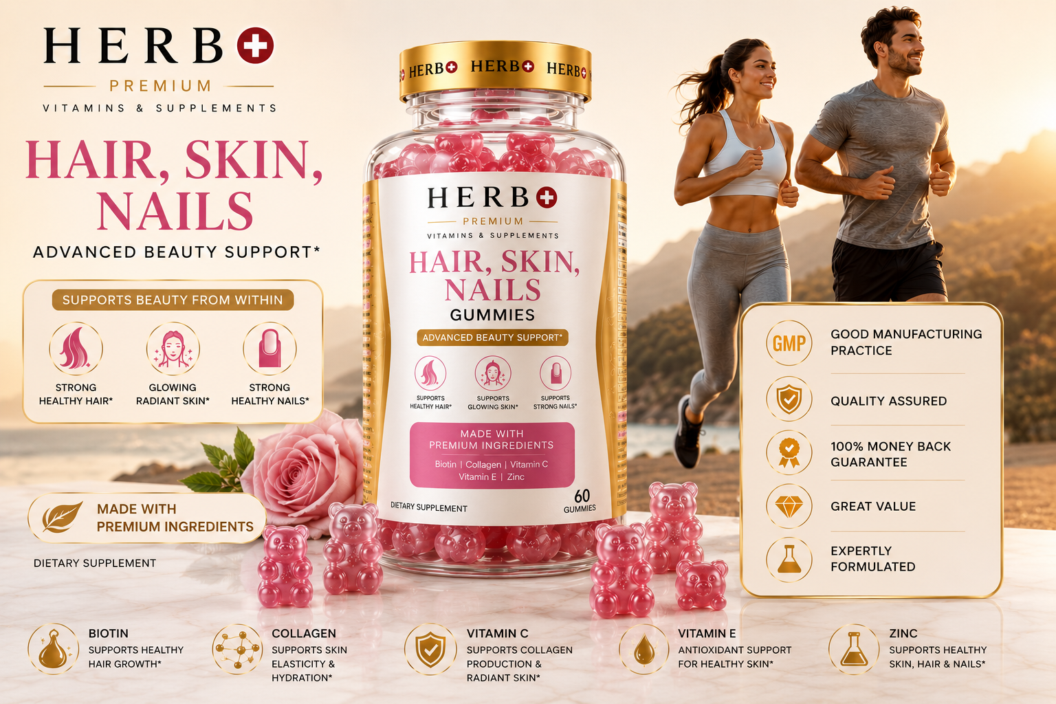 HERB+ Hair, Skin, Nails gummies packaging with a couple running outdoors.