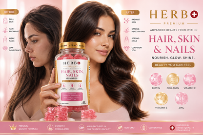 Herb+ Woman holding a bottle of Herbo hair, skin, and nails gummies with product details on a pink background.