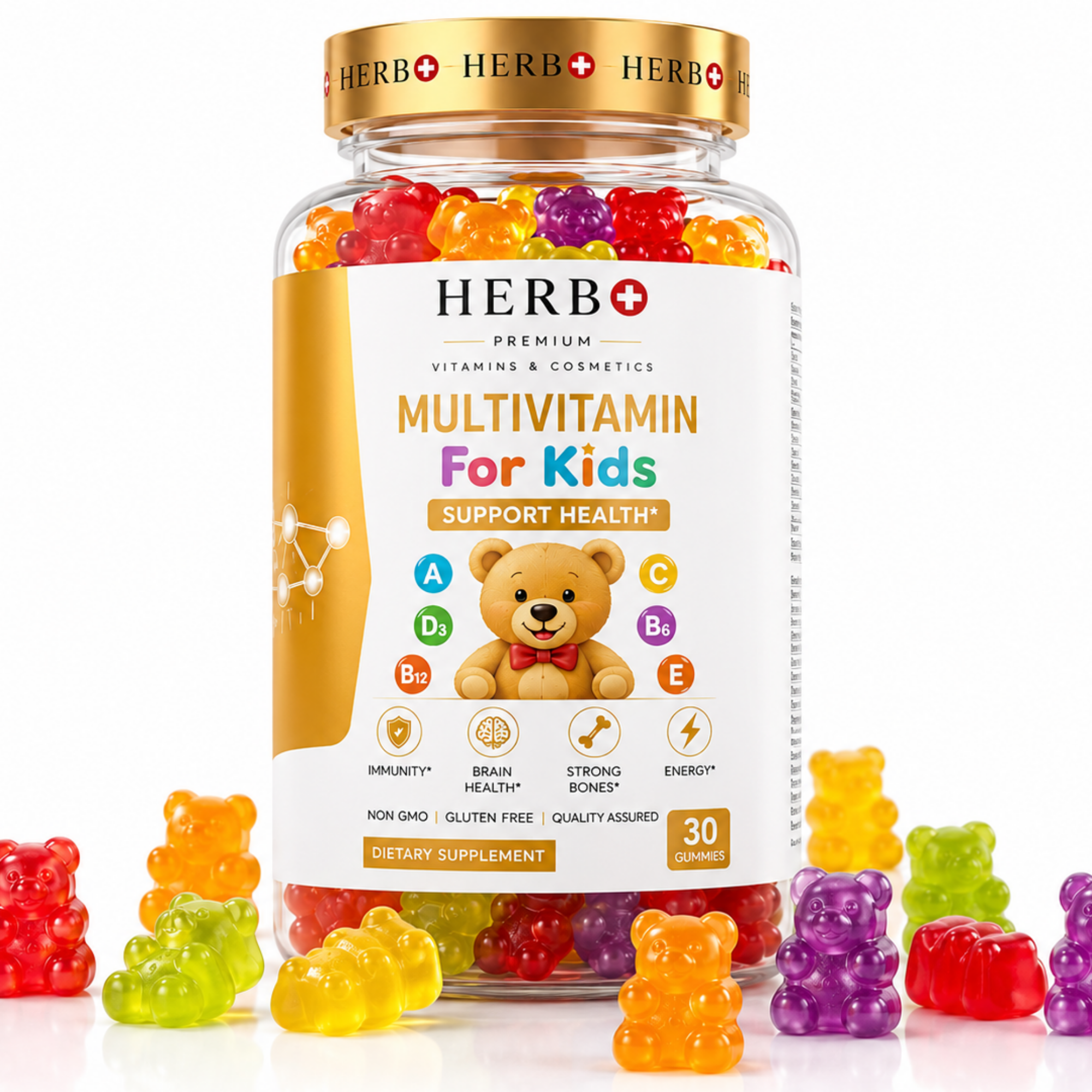 Herb+ multivitamin gummy bears for kids with a jar labeled 'Multivitamin for Kids' on a white background.