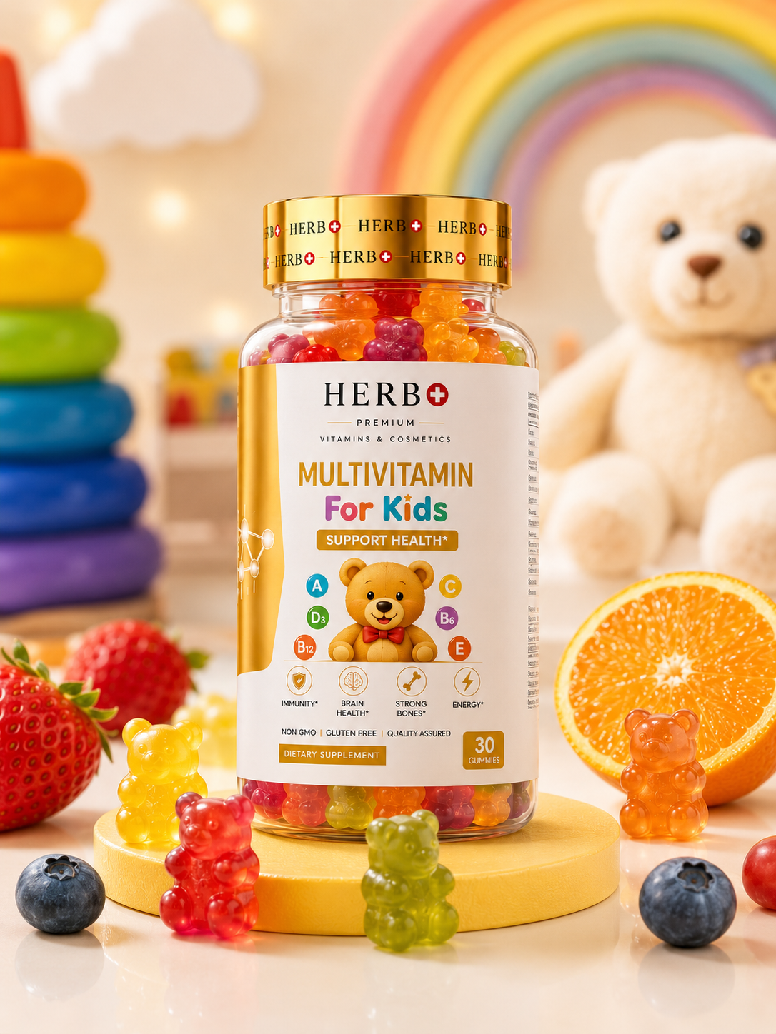 Herb+ Multivitamin for Kids bottle with gummy bears on a table with a rainbow and teddy bear in the background