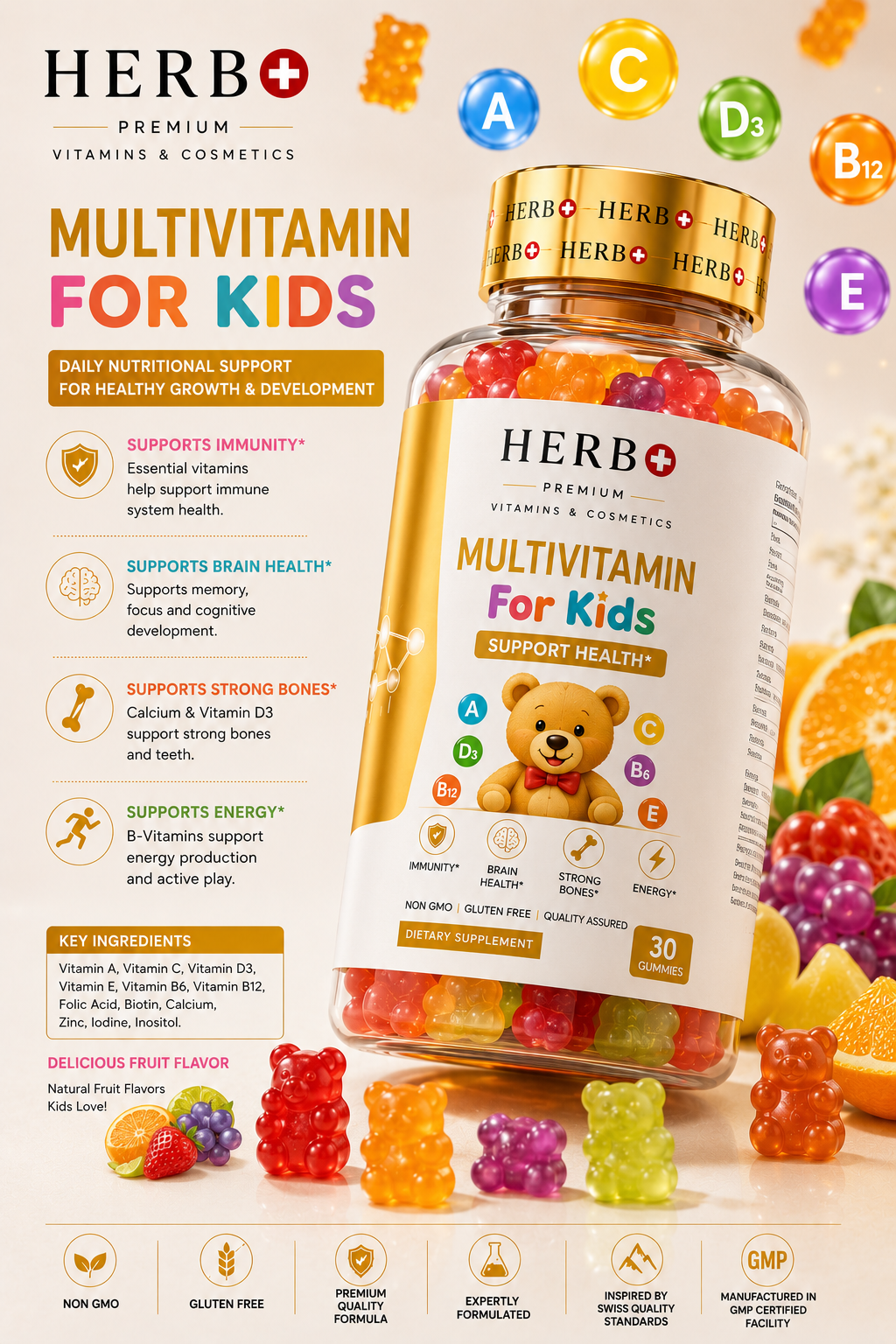 HERB+ Multivitamin for kids with gummy bears and colorful vitamins on a light background