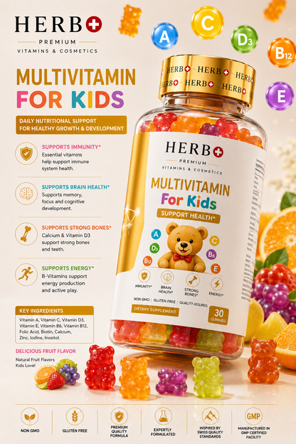 HERB+ Multivitamin for kids with gummy bears and colorful vitamins on a light background
