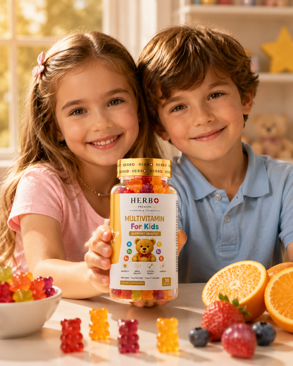 Two children holding a bottle of Herb+ Multivitamin for Kids with colorful gummy vitamins and fruits on a table.