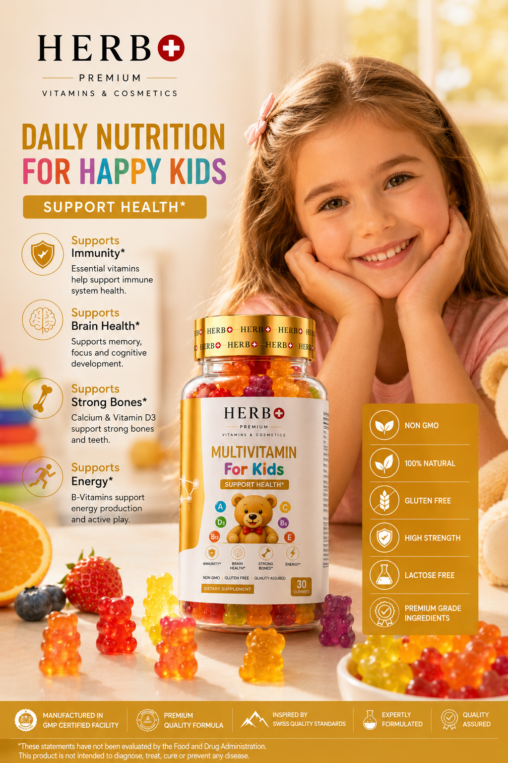 HERB+ Premium Vitamins for Kids with a child and colorful gummy vitamins on a table.