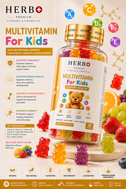 HERB+ Multivitamin for Kids supplement with gummy bears and colorful vitamins on a white background
