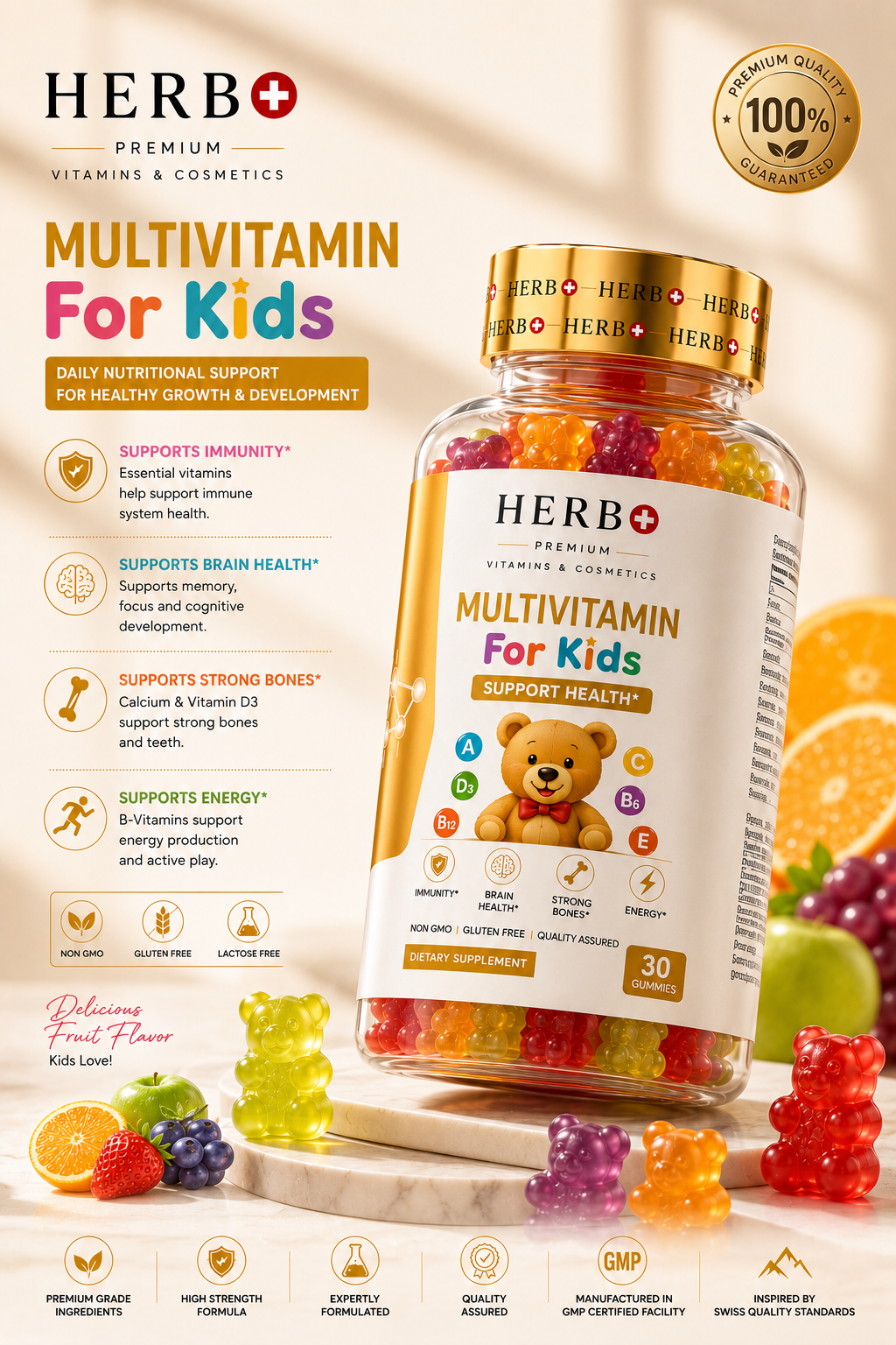 HERB+ Multivitamin for Kids with gummy bears on a light background