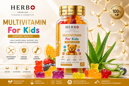 HERB+ Multivitamin for Kids packaging with gummy bears and aloe vera on a light background