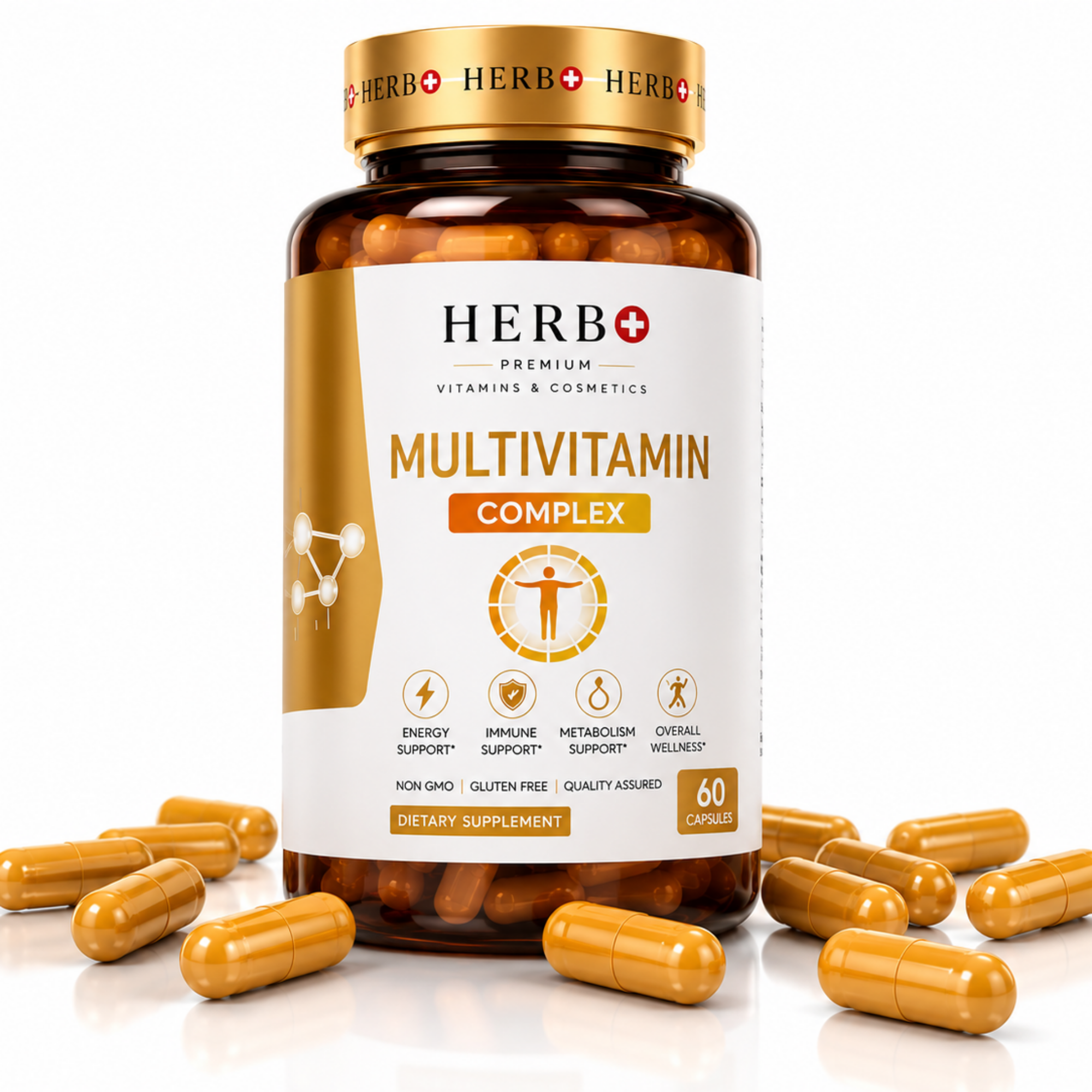 Herb+ Multivitamin Complex bottle with capsules on a white background