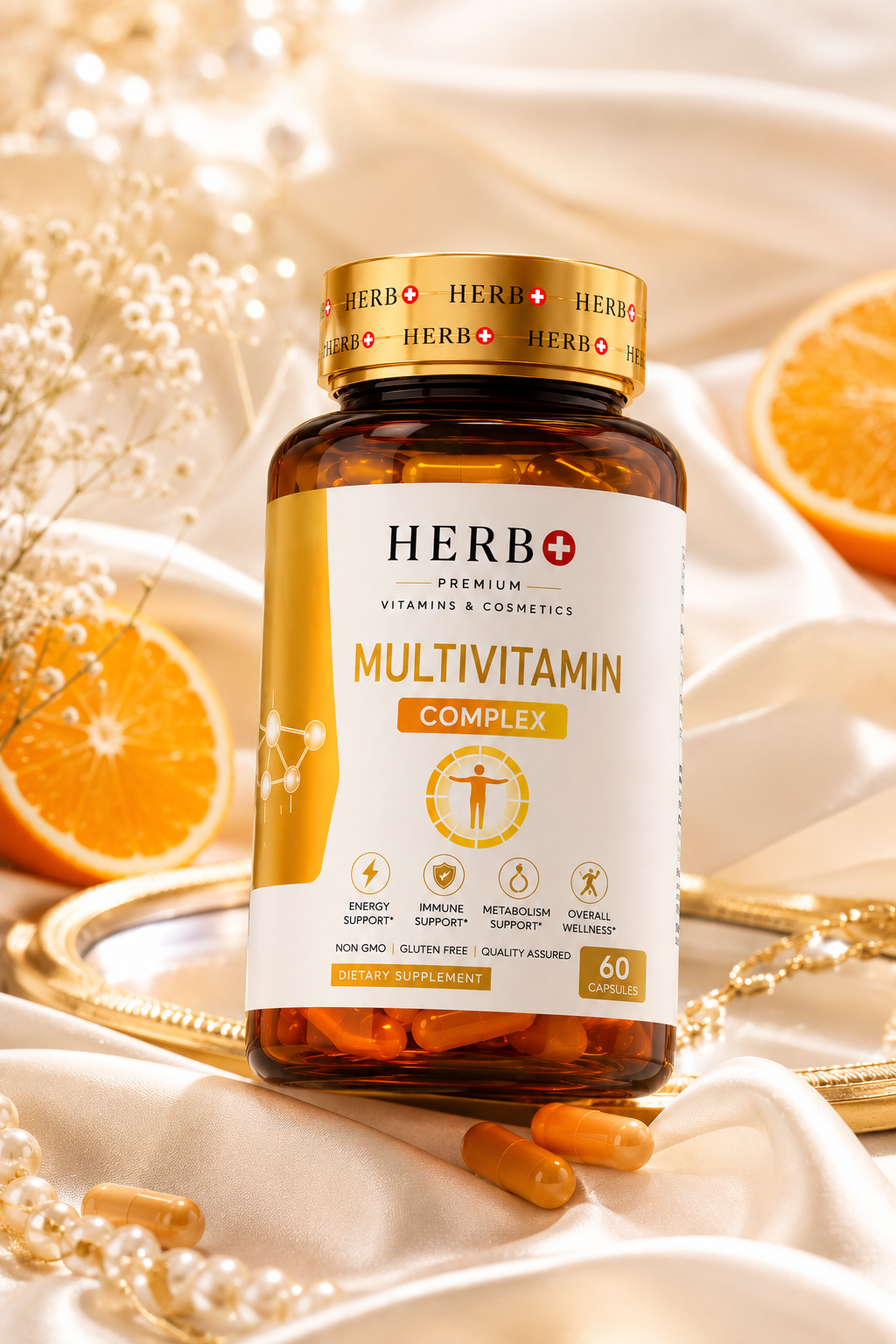 Herb+ Multivitamin Complex bottle with oranges and pearls on a soft background