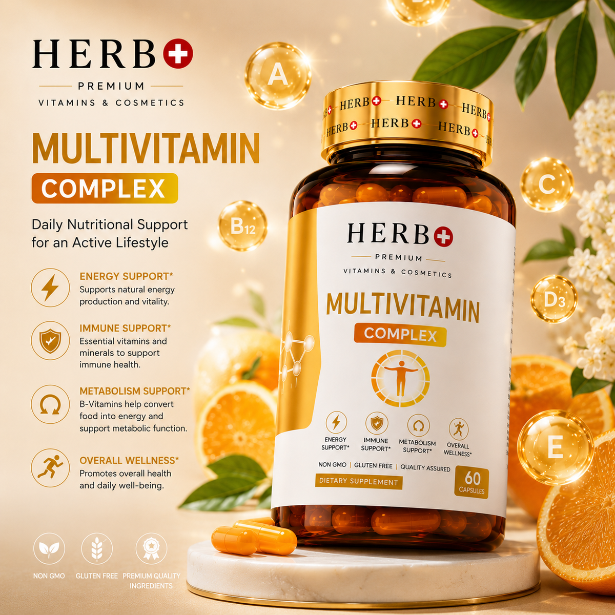 Herb+ Multivitamin Complex bottle with vitamins A, C, D, and E on a decorative background.