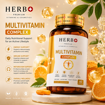 Herb+ Multivitamin Complex bottle with vitamins A, C, D, and E on a decorative background.