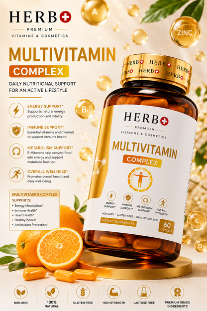 Herb+ Multivitamin Complex bottle with vitamins and oranges on a light background