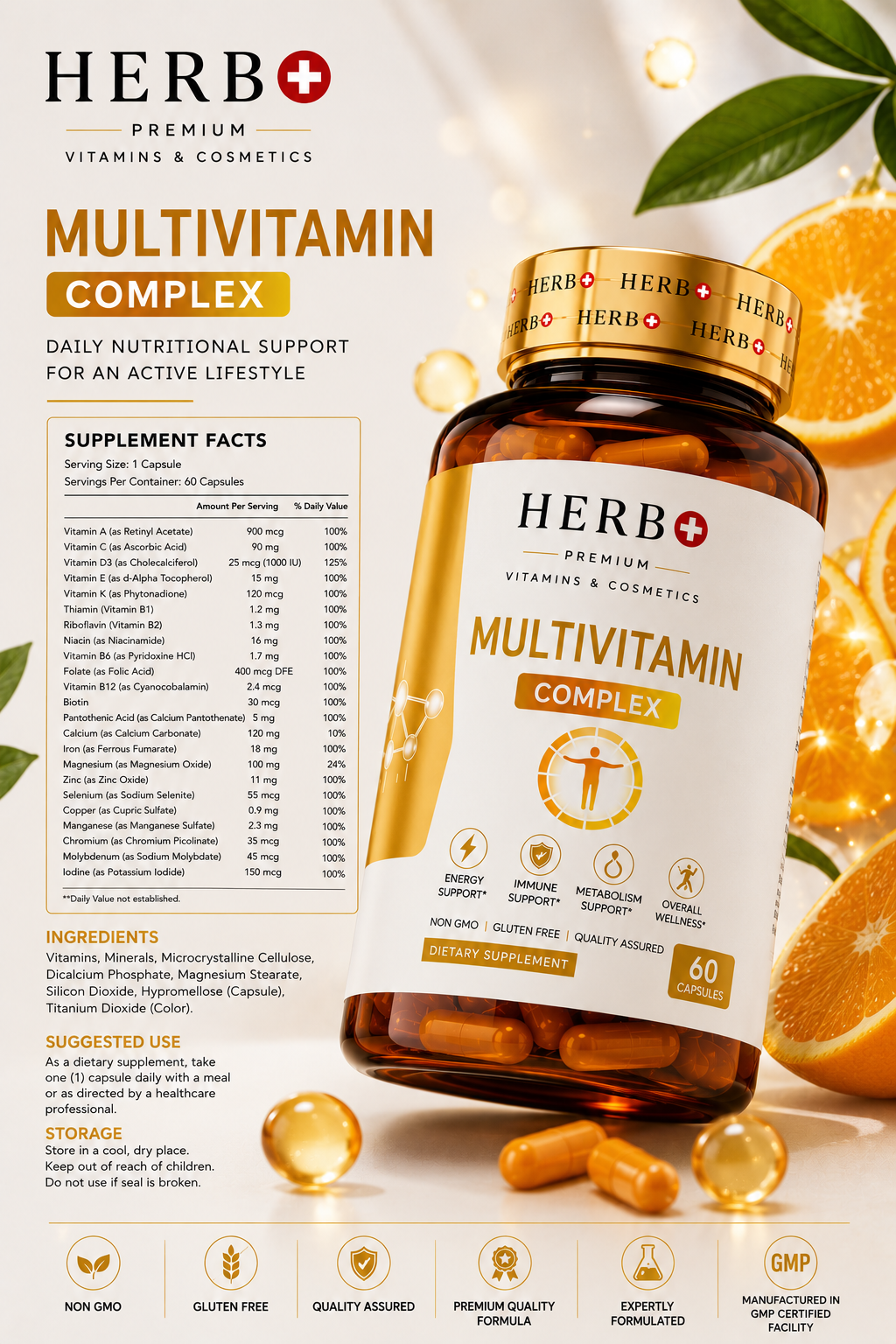 Herb+ Multivitamin Complex bottle with nutritional information on a white background