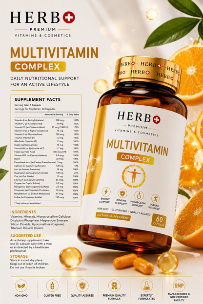 Herb+ Multivitamin Complex bottle with nutritional information on a white background