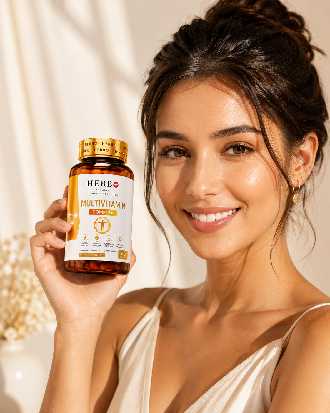 Woman holding a Herbo Multivitamin bottle against a neutral background