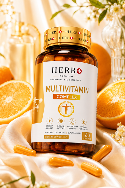 Herb+ Multivitamin Complex bottle with oranges and capsules on a light background