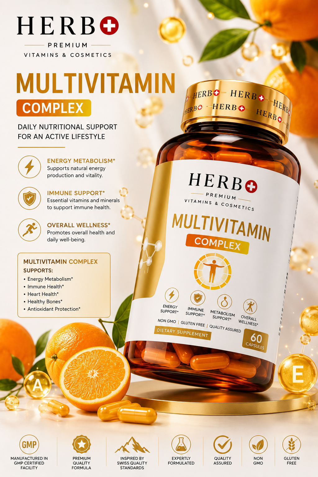 Herb+ Multivitamin Complex bottle with oranges and vitamins on a light background