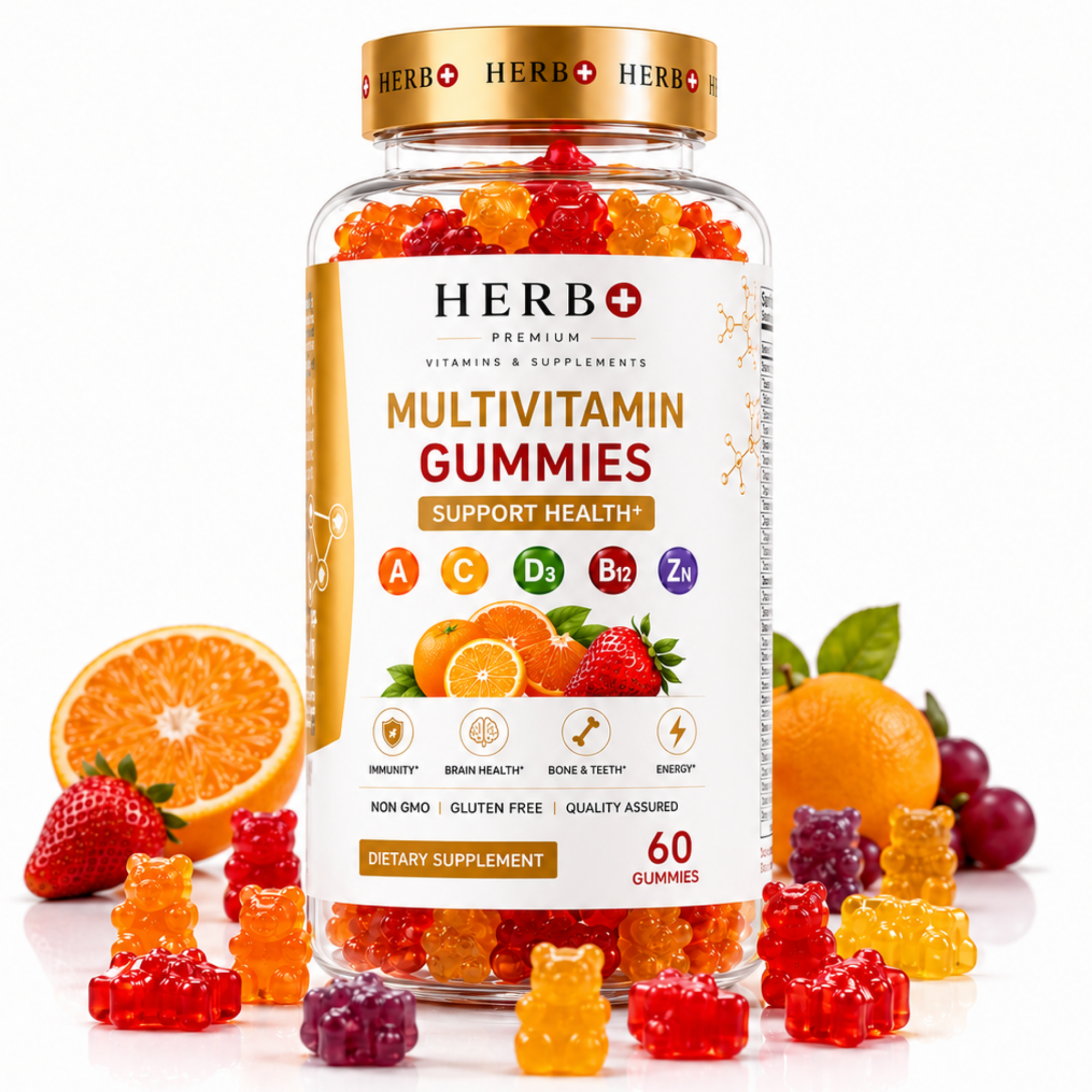 Herb+ multivitamin gummies packaging with gummies and fruits on a white background