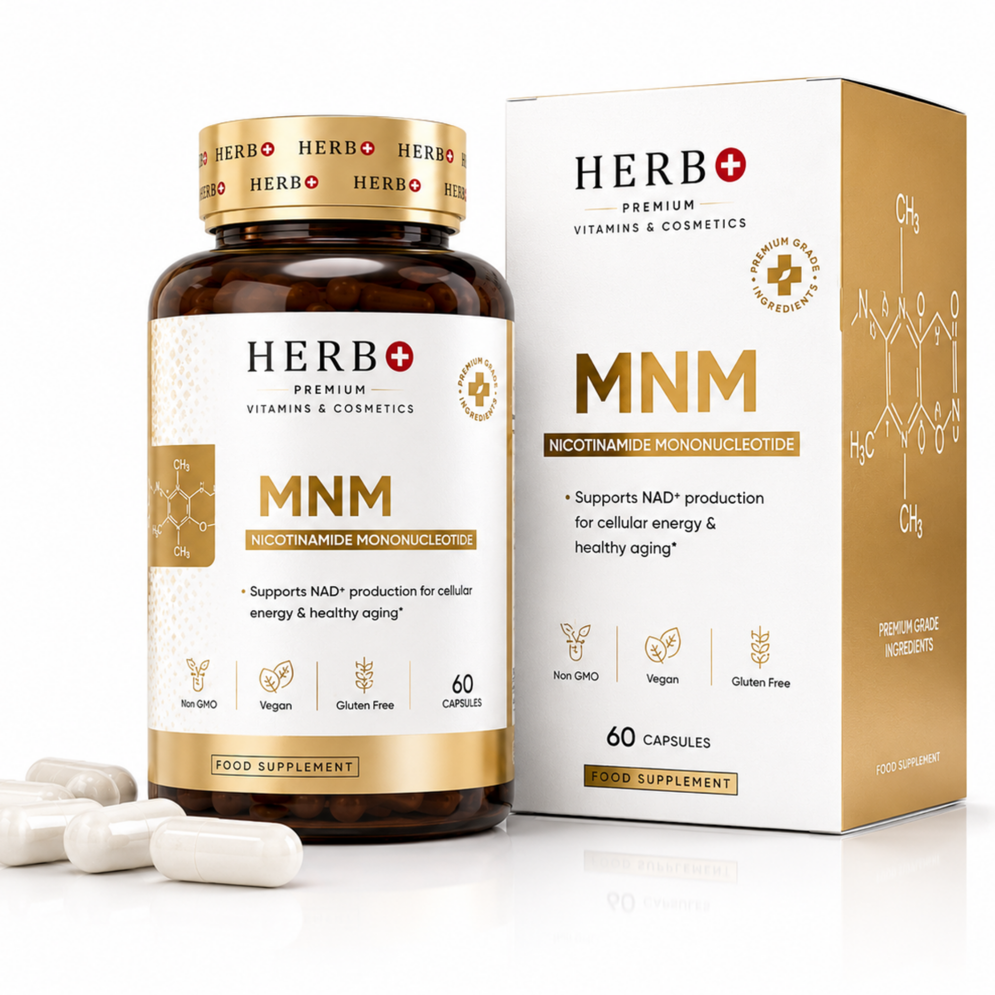 Herbo MNM supplement bottle and packaging on a white background