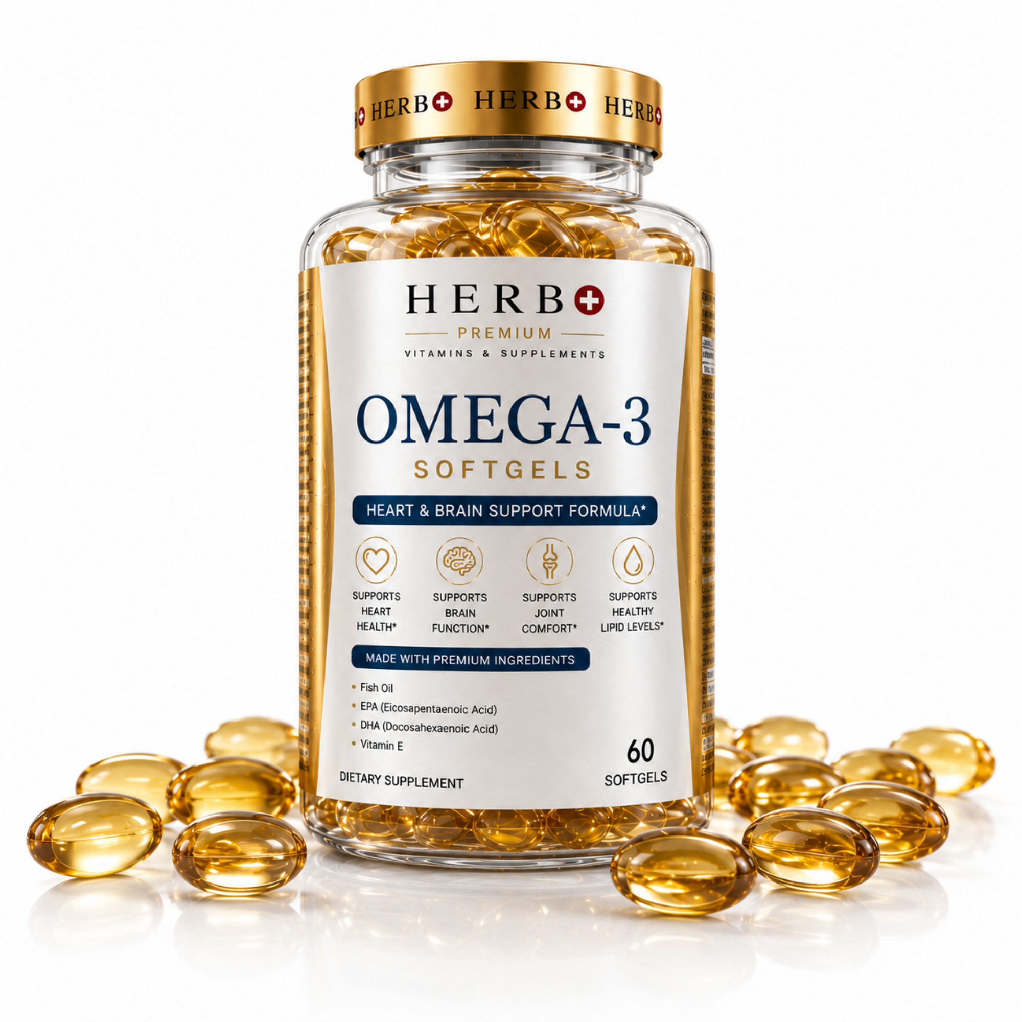 Bottle of Herb Plus Omega-3 Softgels with capsules on a white background