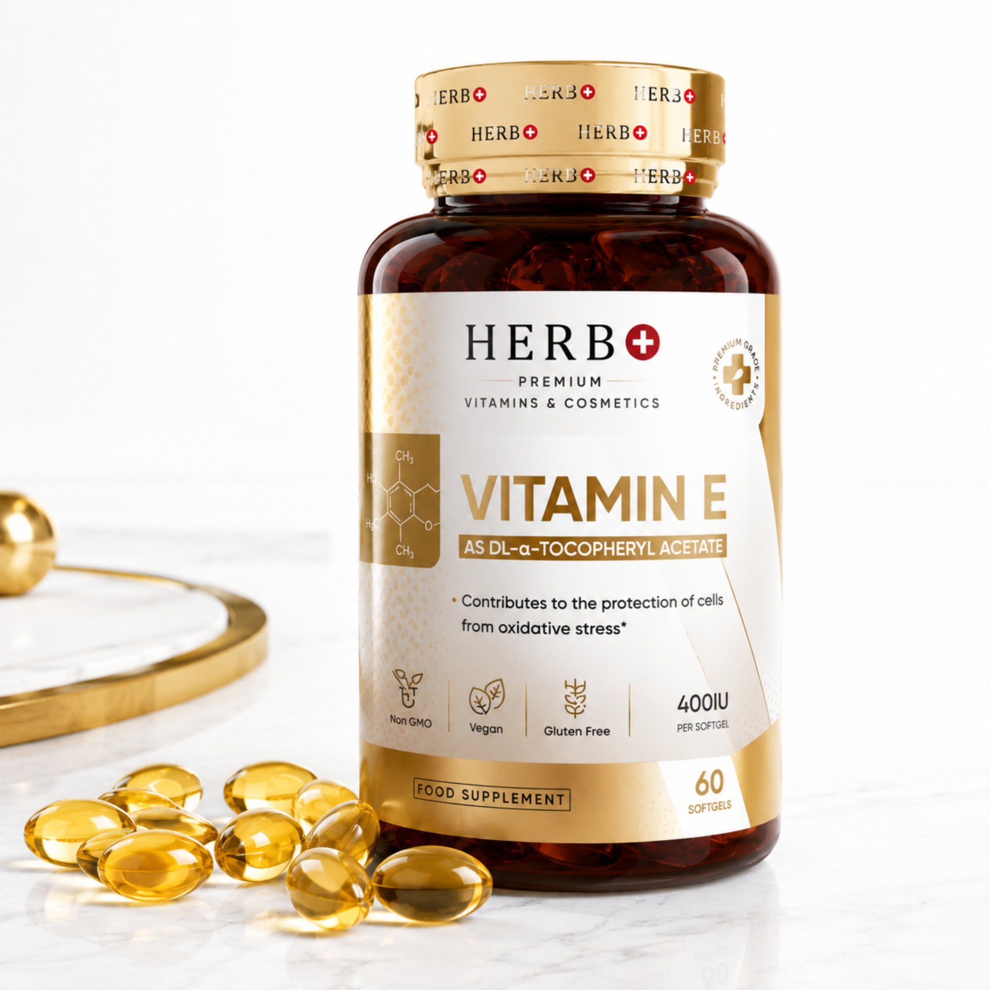 Herb+ Vitamin E supplement bottle with capsules on a white background
