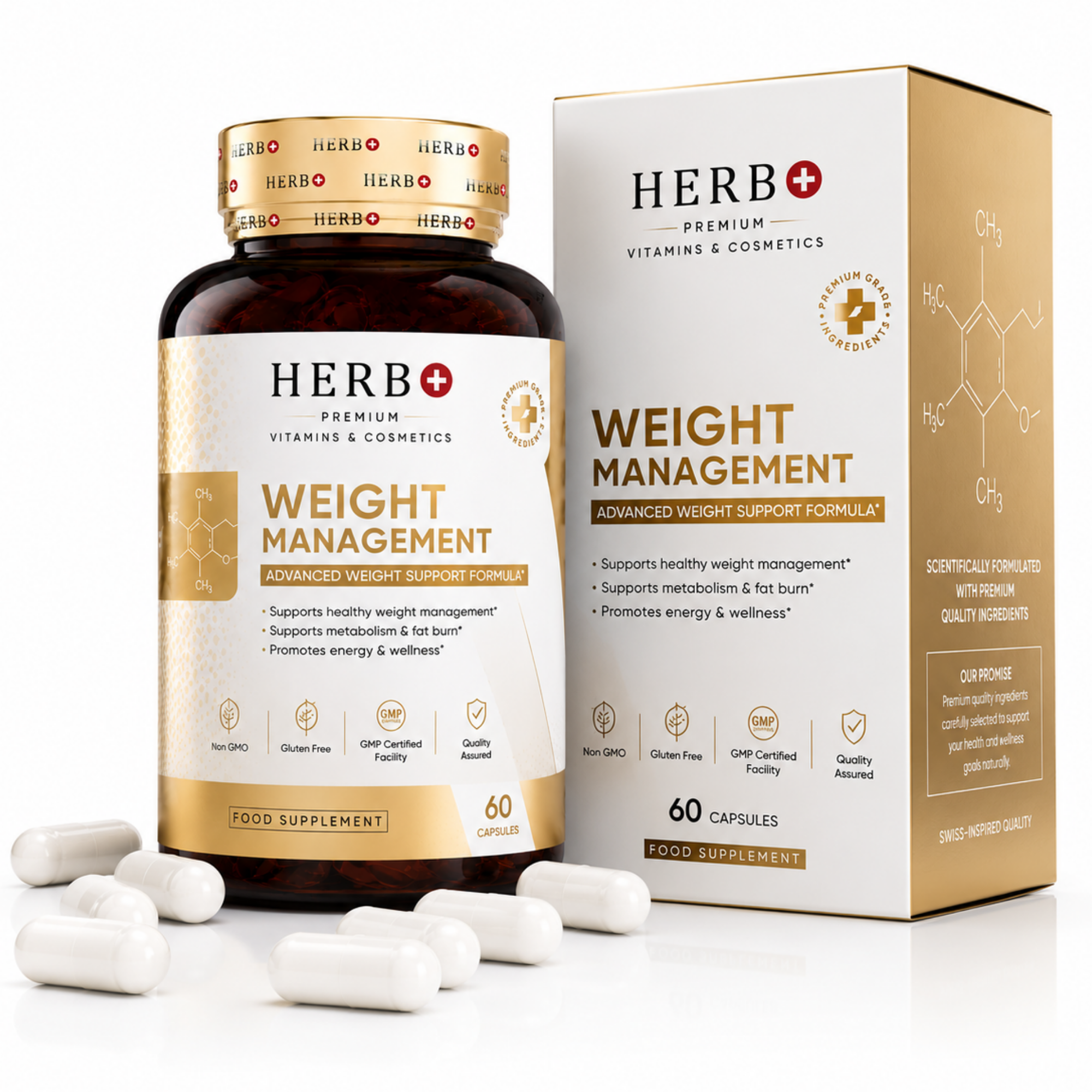 Herb+ weight management supplement bottle and packaging on a white background