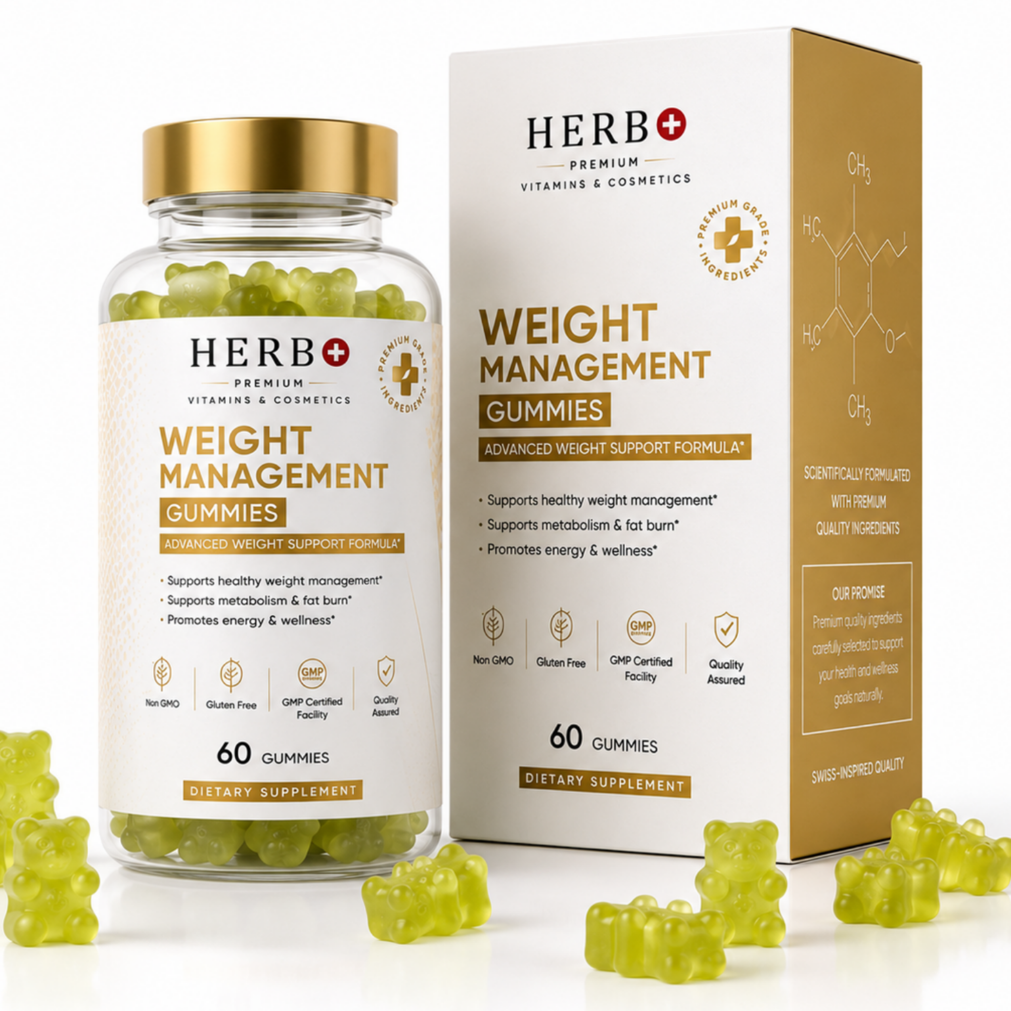 Herb+ weight management gummies with bottle, box, and gummy bears on a white background